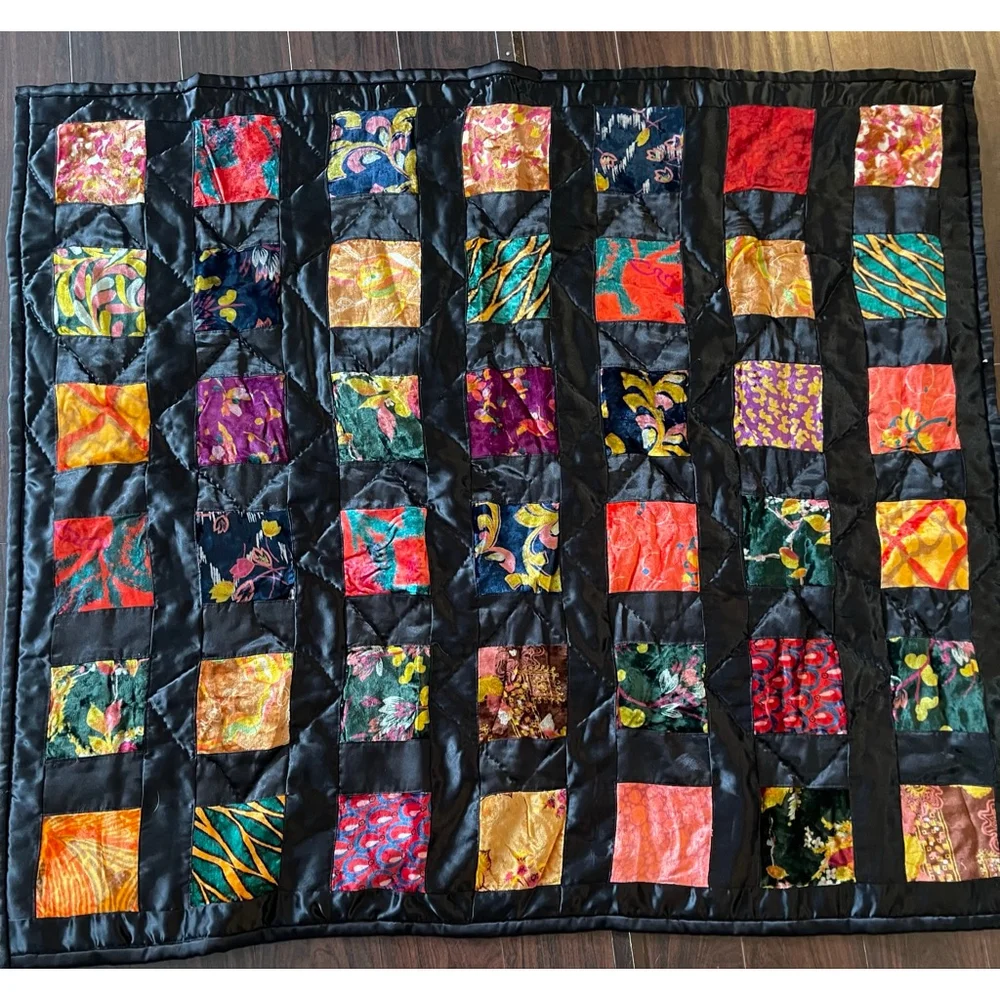 Vintage 60s Boho Patchwork Velvet Quilt Throw + Pillow Sham India Decor